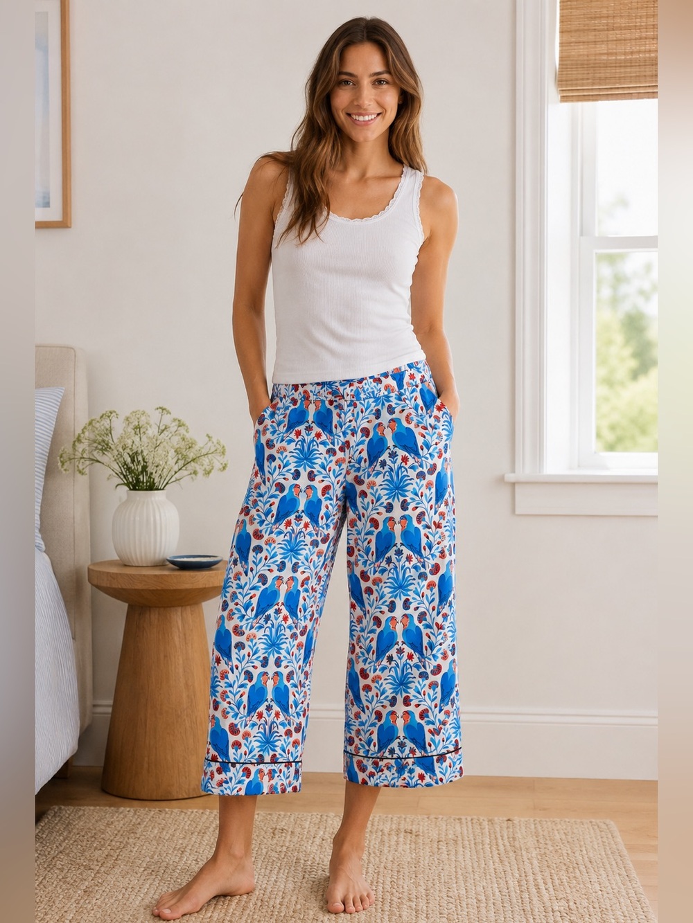 (S) Printfresh Cropped Organic Cotton Pajama Pants Love Birds Small White Blue